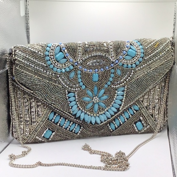 Atmosphere Handbags - Elegant Silver and Blue Beaded Clutch by Atmosphere